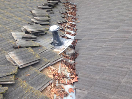 Example of debris in roof valley after shingles removed for repairs.